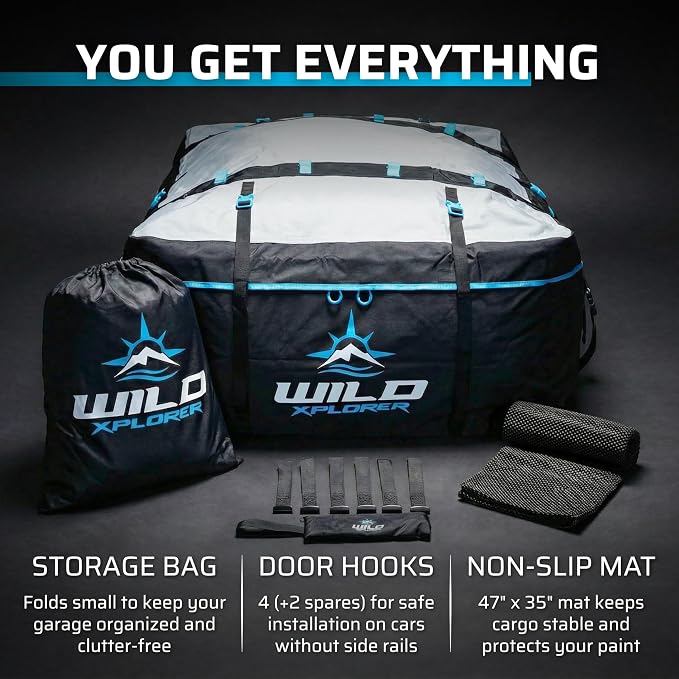 Rooftop Cargo Carrier 23 Cu Ft, Waterproof Soft Shell Roof Bag | Heavy Duty Car Top Luggage Cargo Bag with Patented Door Hooks, Protective Mat and Storage Bag (49 x 37 x 22 in, XXL) - Image 6