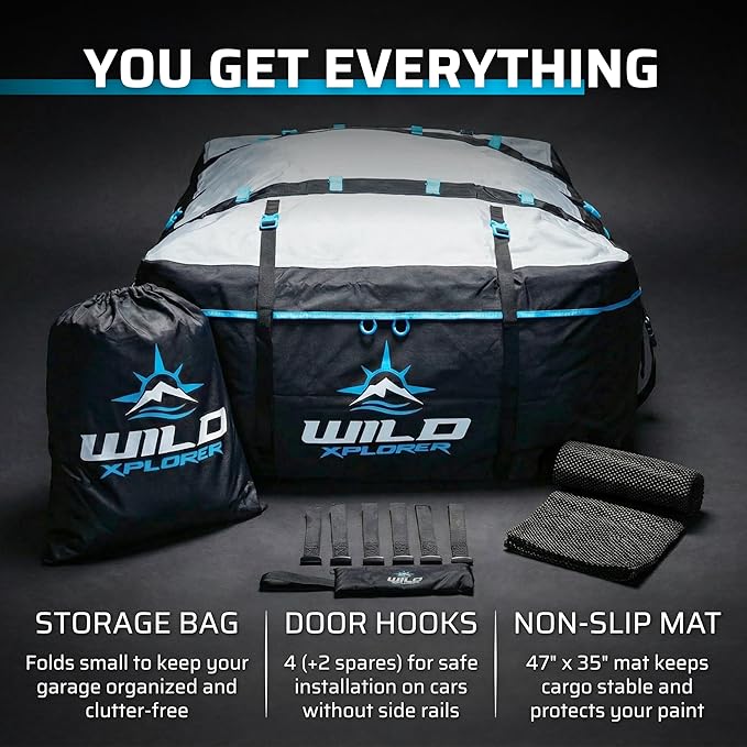 Rooftop Cargo Carrier 15 Cu Ft, Waterproof Soft Shell Roof Bag | Heavy Duty Car Top Luggage Cargo Bag with Patented Door Hooks, Protective Mat and Storage Bag (44 x 34 x 17 in, L) - Image 6