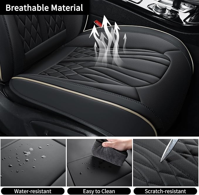MINGBRON Leather Car Seat Covers 5 Pieces, Full Set Universal Seat Covers for Cars, Waterproof Nappa Leather Auto Seat Protectors, Black Car Seat Cover Most Sedans SUV Pick-up Truck Black&BeigeLine - Image 7
