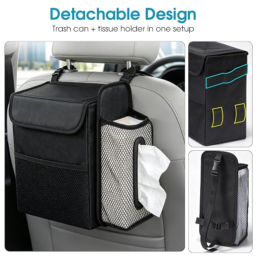 Ryhpez Car Trash Can with Tissue Holder Detachable, Leakproof, Black | Car Garbage Can with Removable Car Napkin Holder, Car Trash Bin with Lid for Headrest, Console, Truck, SUV Car Accessories - Image 5