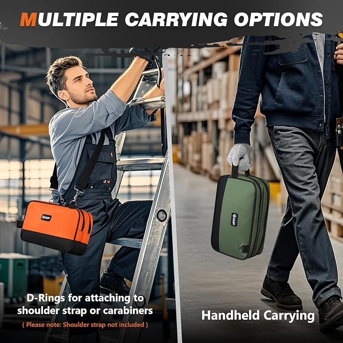 12" Tool Bag Small 2-Pack, Divider Zipper Pouch, Carry Tool Box Organizer | Waterproof, Heavy-duty Oxford, Smooth Zipper, Handle & D-Ring, Storage Case for Car Work Tool. Electrician Gift, Orange/Green - Image 5