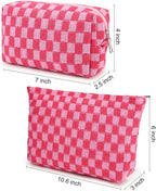 SOIDRAM 2 Pieces Makeup Bag Large Checkered Cosmetic Bag Capacity Canvas Mix Travel Toiletry Bag Organizer Cute Makeup Brushes Aesthetic Accessories Storage Bag for Women, Checkered Mix Rose Red - Image 3