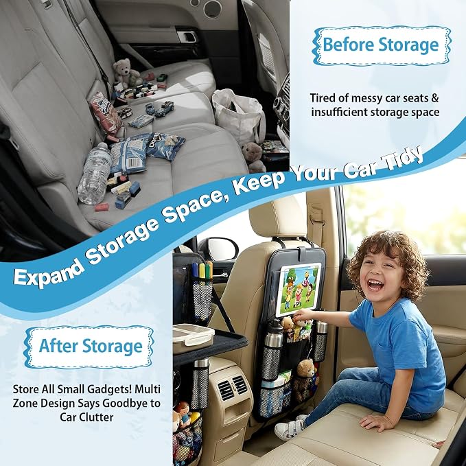 Car Backseat Organizer with Foldable Table Tray & Touchable Tablet Holder | Oxford Fabric,11 Large Capacity Storage Pockets.Kick Mat Protector for Family Road Trip Travel - Image 6