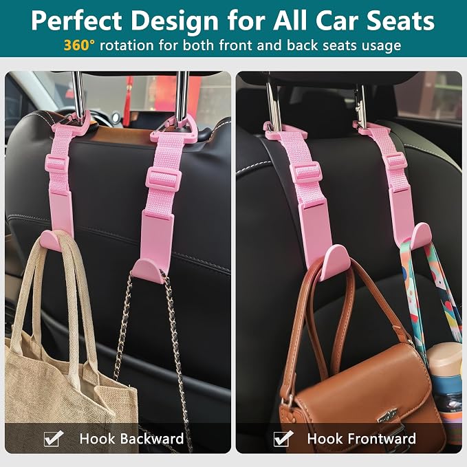 Amooca 4 Pack Anti-drop Headrest Hooks Adjustable Car Seat Organizer | Universal Fit with Clip, Hanger for Backpack Umbrella Water Bottle Coat Purses Handbags Groceries, 40lb Heavy Duty, Pink - Image 3