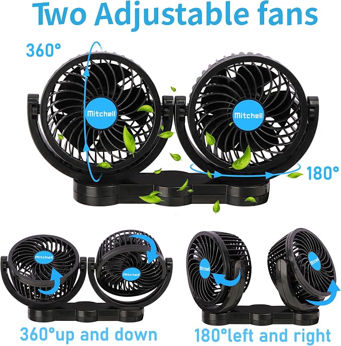 Alagoo 12V Car Fan, Adjustable 4 Inches Dual Head Car Clip Fan for Front/Rear Seat Passenger, 360° Rotatable Cars Fans with Stepless Speed Regulation for Car/Vehicle SUV, RV - Image 3