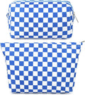 SOIDRAM 2 Pcs Checkered Makeup Bag Large Cosmetic Bag Toiletry Bag Makeup Pouch Travel Bag Organizer Cute Makeup Brushes Aesthetic Accessories Storage Bag for Women Royal Blue by SOIDRAM
