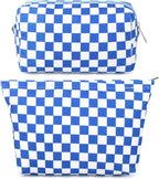 SOIDRAM 2 Pcs Checkered Makeup Bag Large Cosmetic Bag Toiletry Bag Makeup Pouch Travel Bag Organizer Cute Makeup Brushes Aesthetic Accessories Storage Bag for Women Royal Blue by SOIDRAM