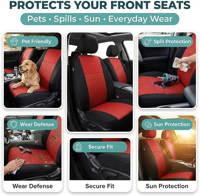 FH Group Universal Car Seat Covers Front Set for SUV Truck Sedan Vans | 3D Textured Breathable Fabric Seat Cover Set Protector with Airbag Compatible Interior Upgrade - Red - Image 6