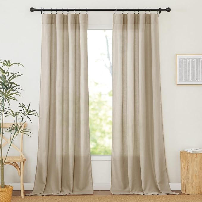 RYB HOME Linen Sheer Curtains 2 Panels for Living Room, Semi Transparent Privacy Drapes with Rod Pocket Farmhouse Style Window Treatments for Bedroom, Taupe, 52" W x 102" L by RYBHOME