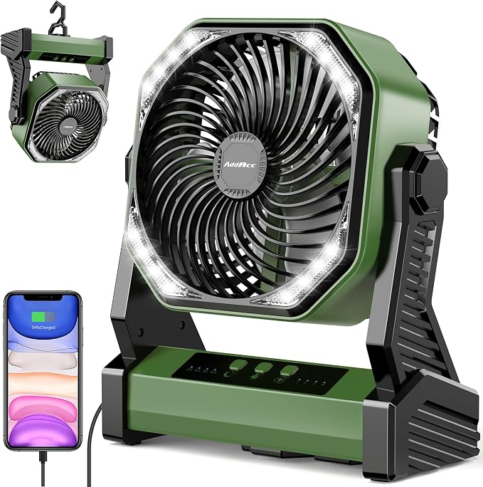 20000mAh Battery Powered Camping Fan, 58Hrs Rechargeable Portable Fan, 400LM Light, 360° Hook, Whisper Quiet Battery Operated Fan for Outdoor Car Travel Gear Essentials Power Outages Co-brand AMACOOL by AddAcc