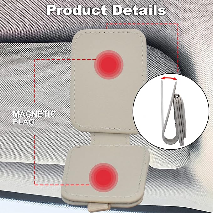 2 Pack Magnetic Leather Car Sunglass Holder, Beige | Leather Glasses Eyeglass Hanger Clip for Car, Sunglass Clip Glasses Holder for Car Visor - Image 3