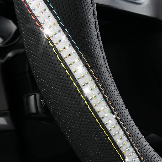 CAR PASS Bling Diamond Black Leather Steering Wheel Cover, Studded Crystal Rhinestones Universal Fit 14" 1/2-15" Glitter for Women Sparkle Girl Fit Suvs,Vans,Sedans,Car,Trucks, Multicolor Diamond - Image 2