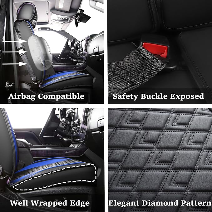 Chevy Silverado Seat Covers,Leather Seat Covers for GMC Sierra,Custom Fit 2007-2026 1500 2500HD 3500HD Crew Double Extended Regular Cab,LT LZT RST Trail Boss(Front Pair,Black Blue) - Image 2