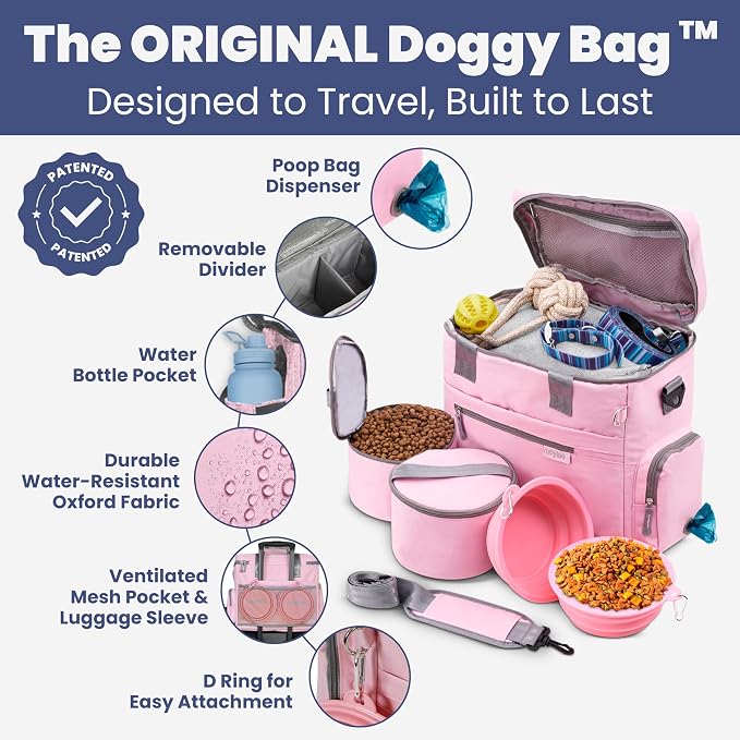 Rubyloo Original Doggy Bag™ Dog Travel Bag for Supplies with Travel Bowls | 2 BPA-Free Collapsible Bowls, 2 Pet Food Containers, TSA-Ready, Road Trips, Camping, Weekend Getaways, Doggy Gift, Lt. Pink - Image 2