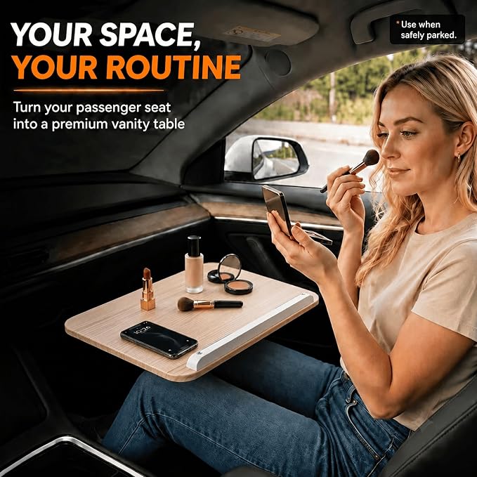 Adjustable Car Desk for Laptop, Portable SUV Workstation with Solid Wood Tabletop, 360° Swivel & Tilt Rotation, Height Adjustable Laptop Stand for Vehicle, Reading, Writing and Travel - Image 3