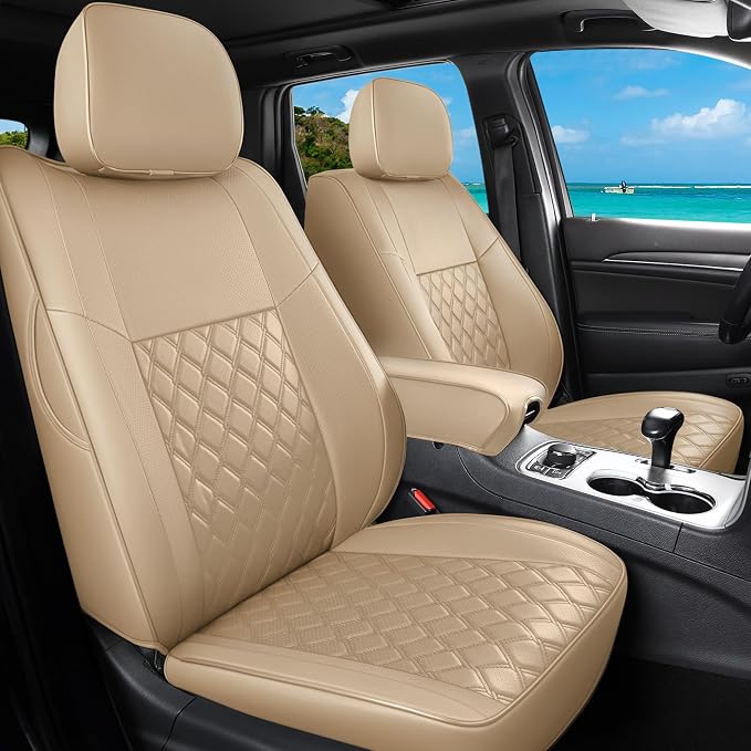 Huidasource Upgrade Grand Cherokee Seat Covers, Full Coverage Waterproof Leather Car Seat Covers, Custom Seat Cushion Protector Fit for Jeep Grand Cherokee 2011-2021 (Full Set/Beige) - Image 9