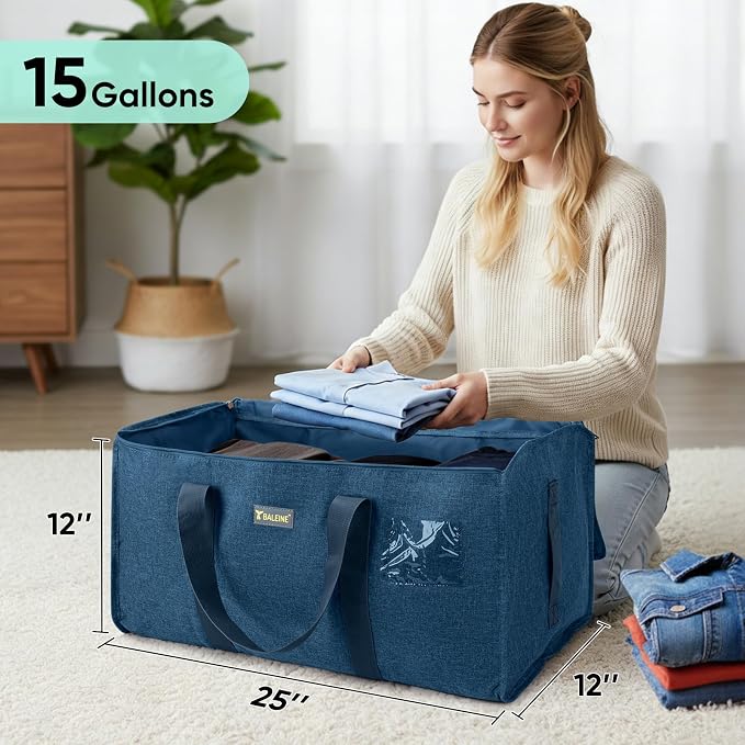BALEINE Extra Large Storage Tote with Zippers & Carrying Handles, Heavy-Duty Oxford Fabric Moving Bags for Laundry, Space Saving, Storage, Denim Blue - Image 5