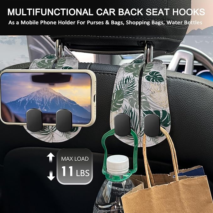 Blusabaca 2PCS Car Seat Headrest Hooks, Purses Bags Holder, Tropical Leaf | PU Leather, Double Metal Back Storage Hangers for Grocery Bags Handbags Bottles Coats Phones, Car Accessories Organization - Image 3