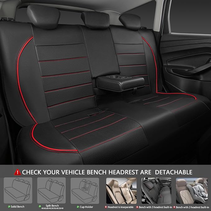 CAR PASS Universal FIT Piping Leather Car Seat Cover, for suvs,Van,Trucks,Airbag Compatible,Inside Zipper Design and Reserved Opening Holes (Full Set, Black and Red) - Image 4