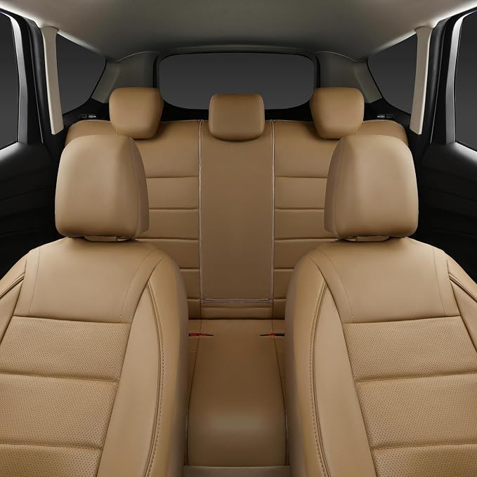 CAR PASS Piping Leather Seat Cover,Universal FIT with Composite Sponge Inside,Airbag Compatible and Reserved Opening Holes,Inside zipper for Cars,Sedan,SUV,Truck(Full Set,Beige with Tan Piping-Stripe) - Image 4