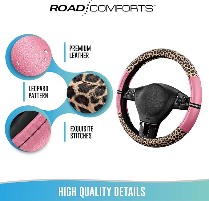 Road Comforts Leopard Steering Wheel Cover for Women, Cute Anti-Slip Microfiber Leather, Universal Fit 14.5-15 Inch Round Steering Wheel - Pink - Image 7