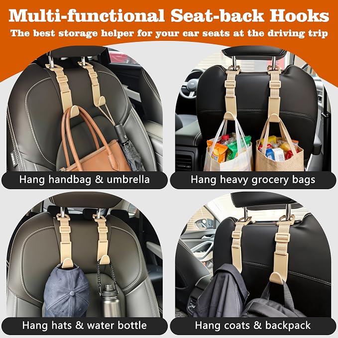 Amooca Anti-drop Car Headrest Hooks 4 Pack Seat Organizer for Bags | Universal Fit Cars SUV Truck, Adjustable, Holds Backpack Water Bottle Handbags Groceries, 40lb Heavy Duty, Clip Design - Image 5
