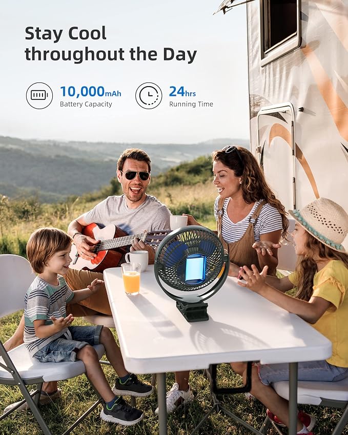 Koonie 8" Clip on Fan, 10000mAh Rechargeable Battery, Strong Airflow | 4 Speeds, Sturdy Clamp, Ideal Portable USB Desk Fan for Office, Golf Cart, Camping, Travel, Tent, Outdoor, Treadmill & Gym - Image 3