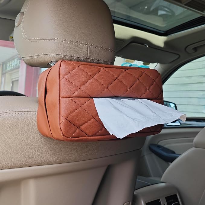 Car Tissue Holder for 120 Standard Tissue,Leather PU Tissues Box Cover for Car Backseat,Extra Large Rectangle Napkin Holder Soft Rectangular,Fits for Kleenex tissues,for Storage& Organization (Brown) by JFOMOYGI