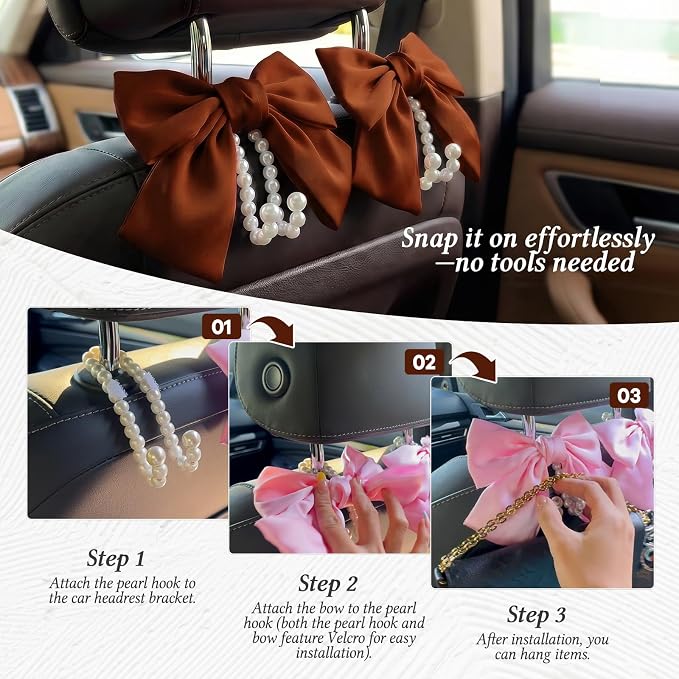 2PCS Satin Bow Pearl Car Seat Headrest Hooks – Car Bag Holder & Vehicle Hanger for Purses – Cute Coquette Aesthetic Interior Decoration – Cute Auto Organizer Accessories Universal (Woody Brown) - Image 6