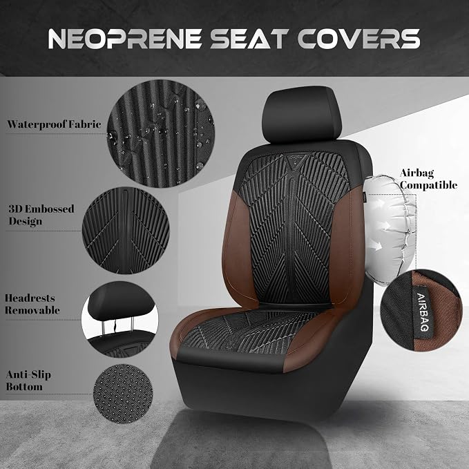 CAR PASS Waterproof Black Brown Car Seat Covers Front Seat Covers Neoprene Wetsuit,All-Weather Non-Slip Durable,Universal Fit for SUV Sedans Trucks Automotive,Airbag Compatible,3D Emboss Black Brown - Image 3