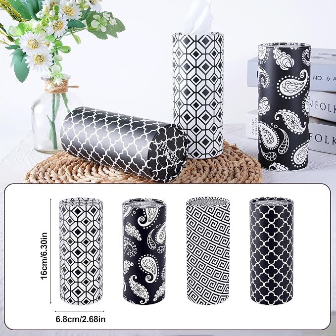 Geometric Car Tissues Cylinder, 8 Pack Black and White Round Tissue Box for Car Cup Holder, 2 Ply 50 Count Facial Tissues Tube for Console Travel, Modern Pattern Car Accessories - Image 3