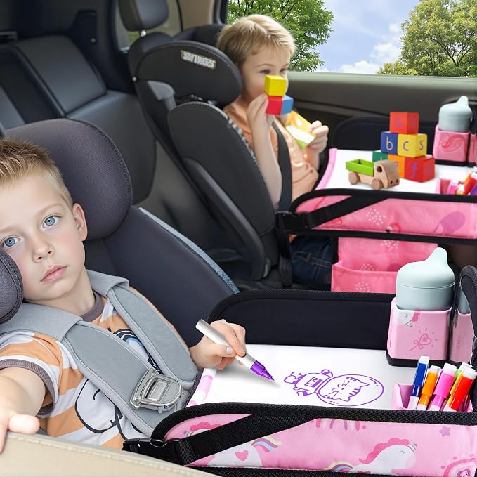 2PCS Kids Travel Tray, Toddler Road Trip Essentials With Drawing Kit | Dry Erase Board, iPad Holder Stand, Adjustable Straps to Prevent Shaking, Multi-Pockets, Portable - Image 5