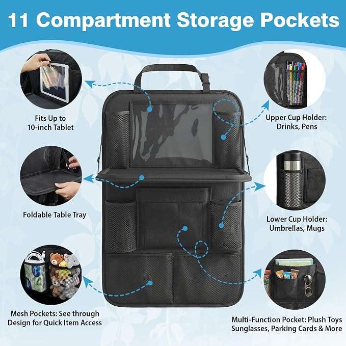 Car Backseat Organizer with Foldable Table Tray & Touchable Tablet Holder | Oxford Fabric,11 Large Capacity Storage Pockets.Kick Mat Protector for Family Road Trip Travel - Image 4