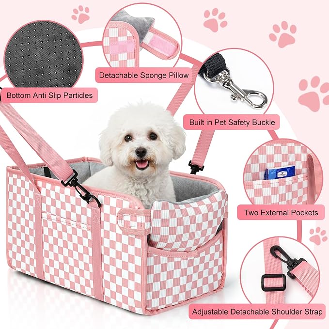Console Dog Car Seat for Small Dogs, Foldable Booster Seat, Pink Checkered | Portable Booster Seat Sits On Car Console/ Armrest. Foldable for Easy Storage. for Center Console, Easy To Clean. - Image 3