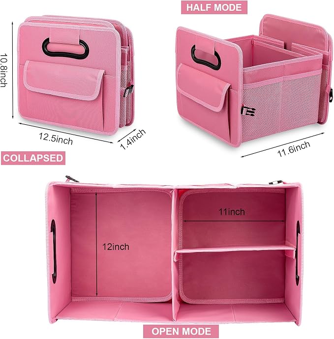 JiatuA Car Trunk Organizer, Collapsible Car Organizers and Storage Pink | Sturdy, Large Capacity, Clean Decor, Multi Compartment Container Box, Adjustable Car Accessories for SUV Sedan Truck - Image 6