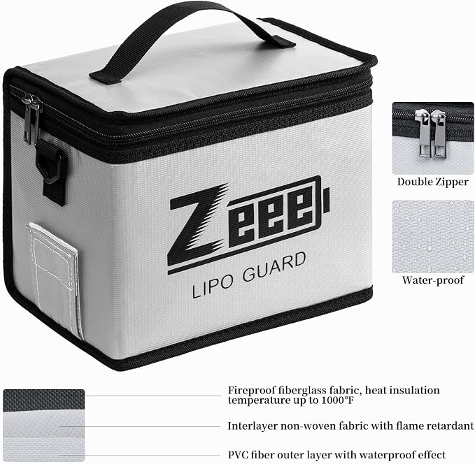 Zeee Fireproof Explosionproof Lipo Bag Battery Storage(8.46 x 6.5 x 5.71in) | Large Capacity Guard Pouch for Lipo Charge & Storage - Image 3