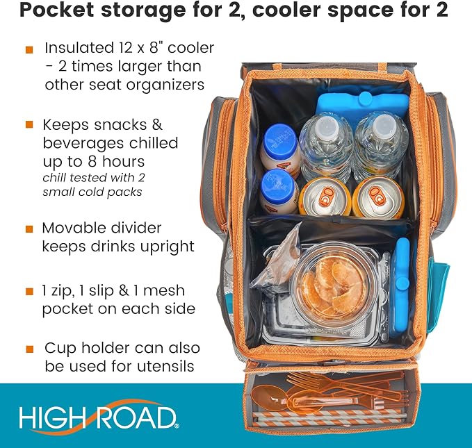 High Road CarHop Car Caddy Organizer with Tray, Trip Cooler and Cup Holder | Middle Seat Organizer for Kids Toys and Snacks in the Backseat and Passenger Seat Car Snack Organizer for Drivers - Image 4