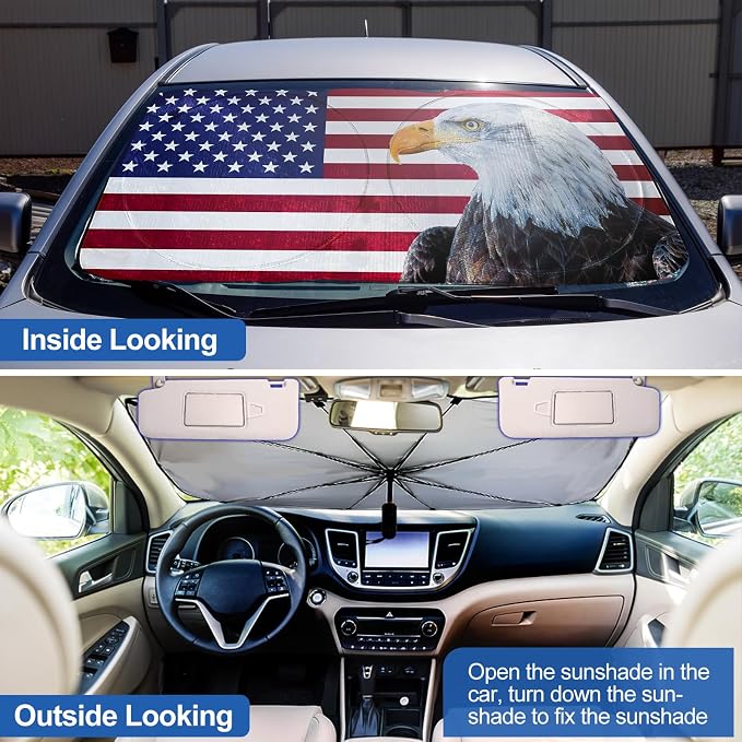 Riakrum Patriotic Eagle American Flag Car Windshield Sun Shade Umbrella Foldable UV Ray Windshield Sun Shade Car Front Window Sunshade Keep Vehicle Cool Heat Reflector, Fit Various Size - Image 3