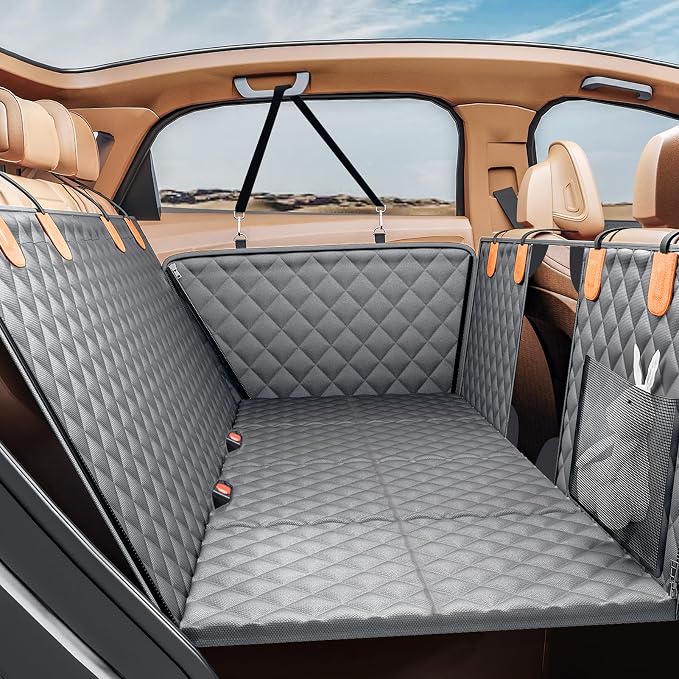 Dog Car Seat Cover for Back Seat, Hard Bottom Back Seat Extender | Rear Seat Pet Cover for Dogs - Supports 400lbs, Waterproof and Scratch Resistant Dog Hammock with Mesh Window For Cars & SUVs by PETICON