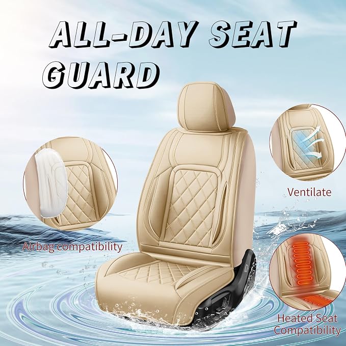 Fit Land Cruiser Premium Leather Car Seat Covers for Toyota Land Cruiser 2000-2025 2026 - Waterproof，Breathable，All-Weather Seat Cushion Protecto & Airbag Compatible, 2 Front Seat Beige - Image 2
