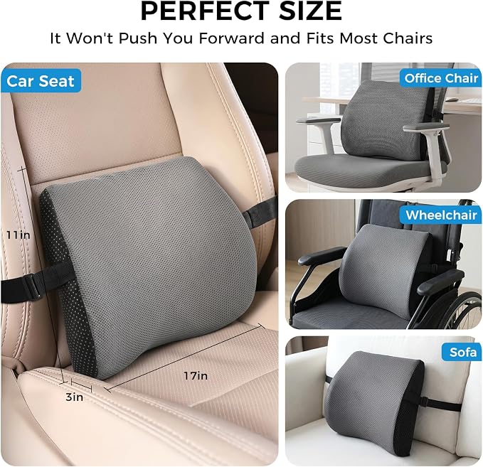 Lumbar Support Pillow for Car & Office Chair - High-Density Memory Foam Back Cushion for Sciatica & Lower Back Pain Relief - Non-Slip Support for Long Commutes & Desk Workers (Gray) - Image 3