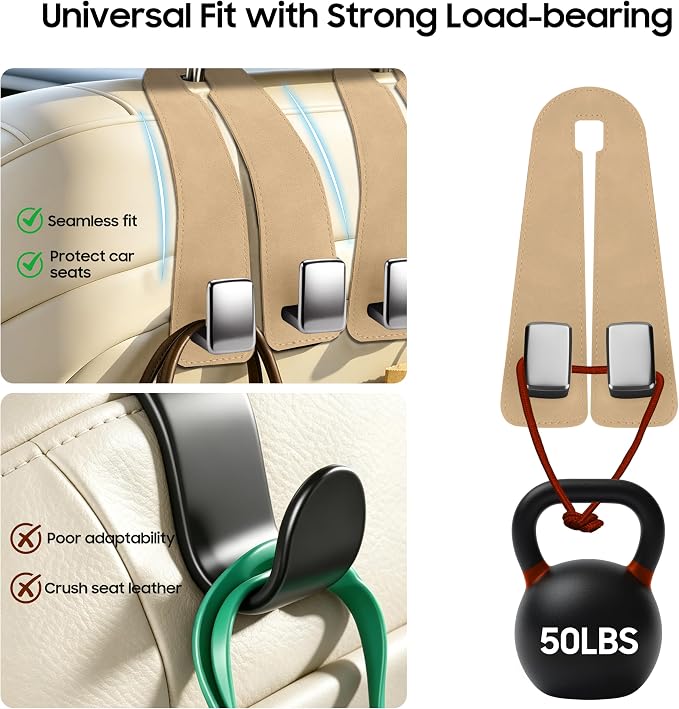 Amooca Car Headrest Hooks 4-Pack Suede Seat Organizer with Metal Core | Universal Fit, Double-hook Design, Backseat Storage for Backpack Umbrella Water Bottle Coat Purses Handbags Groceries, Beige - Image 4