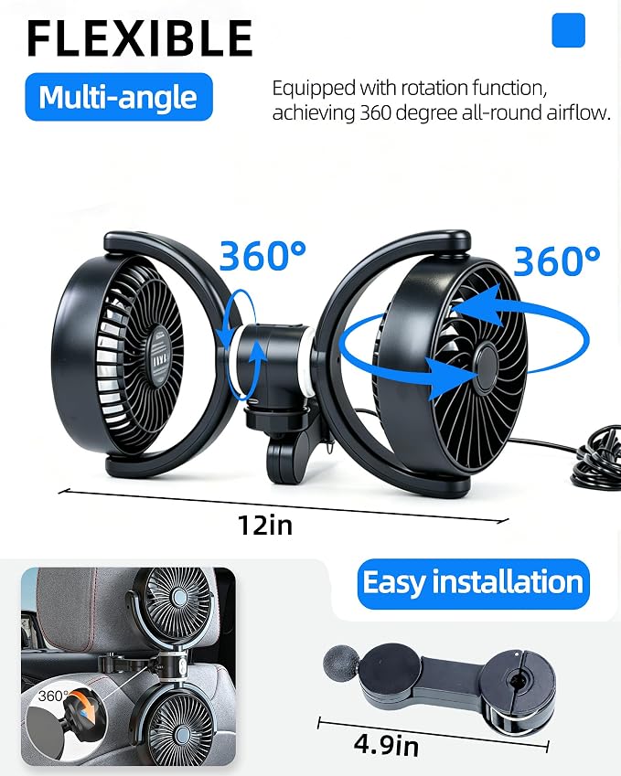 CONPEX Fan for Car Back Seat, Car Fan for Baby Rear Facing, Quiet Brushless Motor, 3-Settings, 360°Rotatable, 5a/2v Usb Carseat Fan for Vehicles Suv Rv - Image 3
