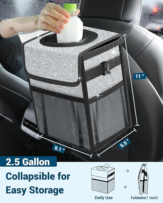 Capolo Car Trash Can with Lid, Leakproof Car Garbage Can Car Trash Bag | Trash Can for Car, 3 Mesh Pockets, Mini Hanging Vehicle Car Trash Bin, for Back/Front Seat (Silver Glitter,2.5 Gal) - Image 2