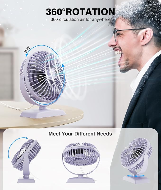 JZCreater USB Desk Fan, USB Fan Mini, 360 Rotation Desktop Fan with 3 Speed, Table Personal Cooling Fan, Quiet Mini Desk Fan, USB Powered, Small Fan for Home Office Bedroom Car Travel, Purple - Image 4