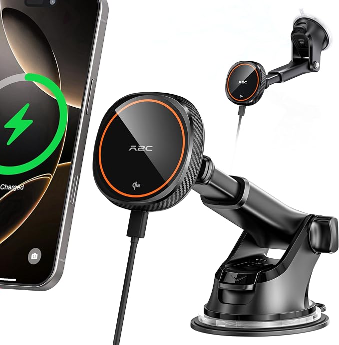 APPS2Car Magnetic Car Phone Mount - Designed Only for MagSafe iPhone 17-12 Series, Orange/Black Data Cable (Random) by APPS2Car