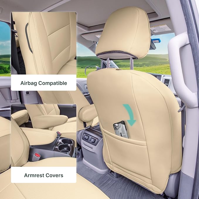 FH Group Custom Fit Car Seat Covers Specifically Made for 2011-2020 Toyota Sienna 7 Passenger, Car Seat Cover Full Set, Automotive Seat Covers in Solid Beige Faux Leather, Waterproof and Washable - Image 3