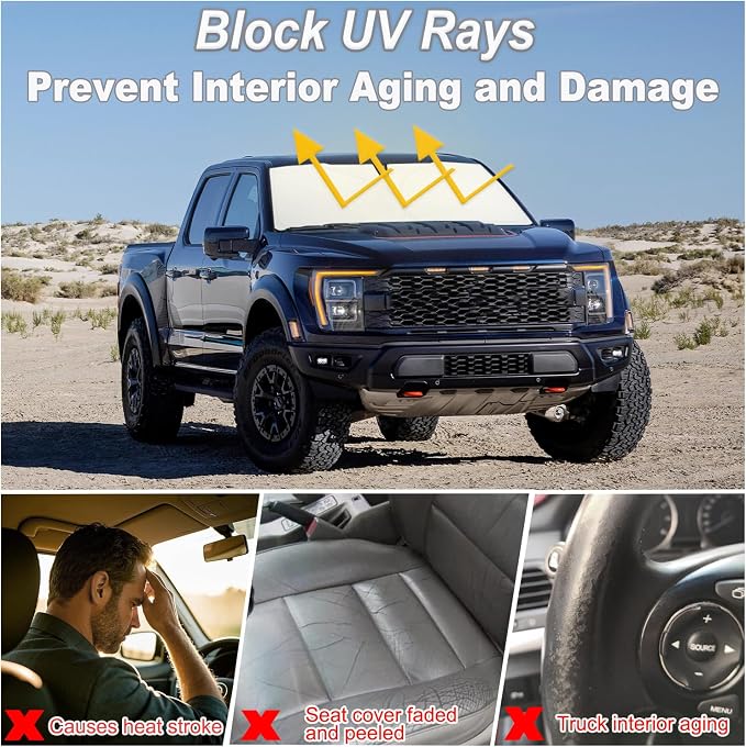 PIMCAR Windshield Sun Shade for Ford F150 2021-2026, Premium 310T Reflective UV Protection, Lightweight Foldable Sun Visor with Storage Pouch - Image 5