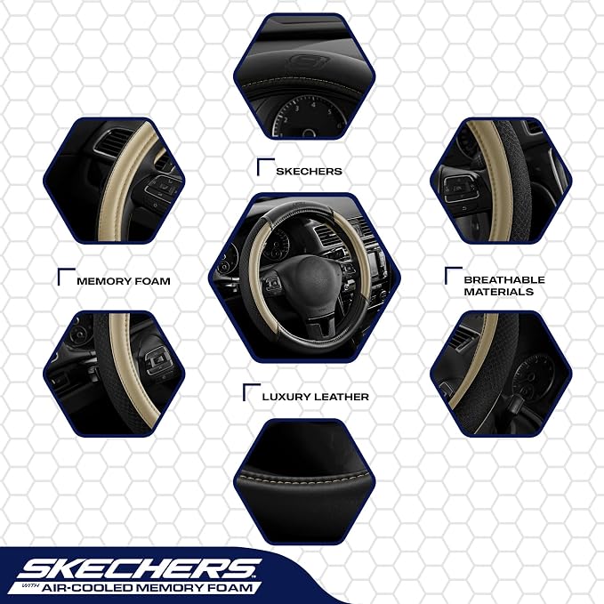 Skechers Air-Cooled Steering Wheel Cover,Leather Car Steering Wheel Cover Universal Fit 14" 1/2-15" Car Wheel Protector for Men Women Fit Suvs,Vans,Sedans,Car,Trucks,Beige - Image 3