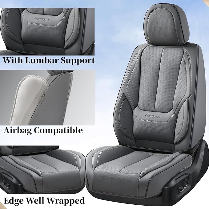 Coverado Seat Covers, Car Seat Covers Front Seats, Car Seat Cover, Car Seat Protector Waterproof, Car Seat Cushion Nappa Leather, Gray Seat Covers Carseat Cover Universal Fit for Most Cars - Image 3